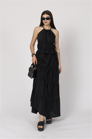 Boyundan Bağlamalı Beli Gipeli Bluz ve Beli Bağlamalı Uzun Etek 1230