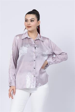 Çiçek Desenli Çizgili Uzun Gömlek 70020