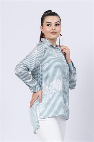 Çiçek Desenli Çizgili Uzun Gömlek 70020