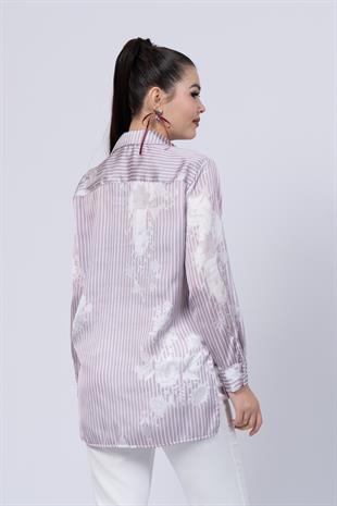 Çiçek Desenli Çizgili Uzun Gömlek 70020