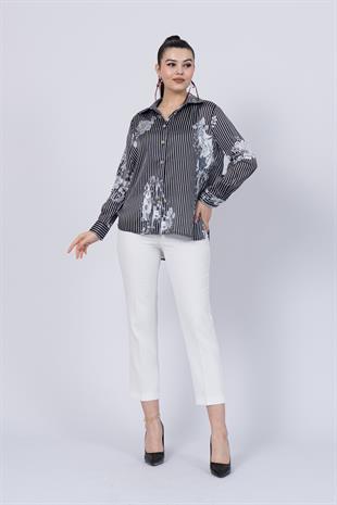 Çiçek Desenli Çizgili Uzun Gömlek 70020