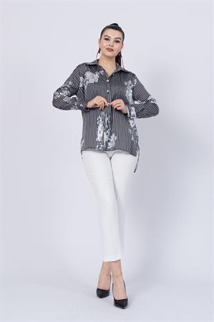 Çiçek Desenli Çizgili Uzun Gömlek 70020