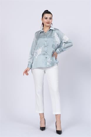 Çiçek Desenli Çizgili Uzun Gömlek 70020