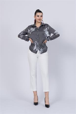 Çiçek Desenli Çizgili Uzun Gömlek 70020