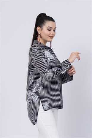 Çiçek Desenli Çizgili Uzun Gömlek 70020