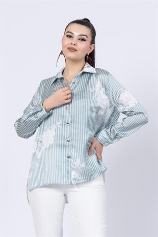 Çiçek Desenli Çizgili Uzun Gömlek 70020