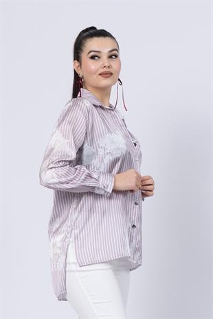 Çiçek Desenli Çizgili Uzun Gömlek 70020