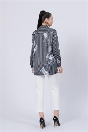 Çiçek Desenli Çizgili Uzun Gömlek 70020