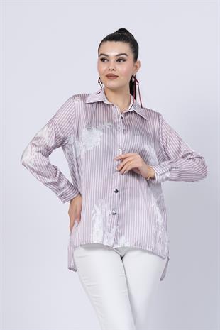 Çiçek Desenli Çizgili Uzun Gömlek 70020