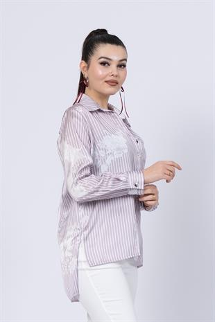 Çiçek Desenli Çizgili Uzun Gömlek 70020