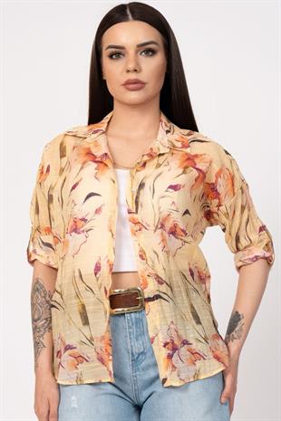Çiçek Desenli Kol Katlamalı Gömlek 2825