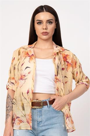 Çiçek Desenli Kol Katlamalı Gömlek 2825