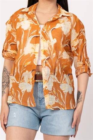 Çiçek Desenli Kol Katlamalı Gömlek 2825