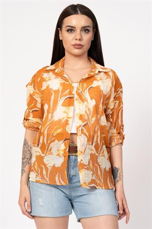 Çiçek Desenli Kol Katlamalı Gömlek 2825