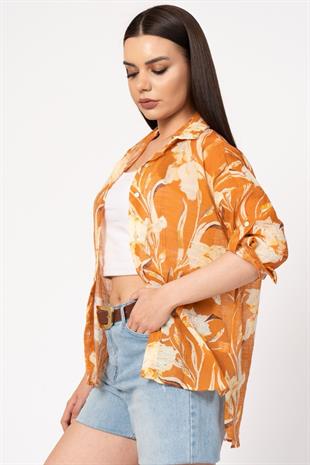 Çiçek Desenli Kol Katlamalı Gömlek 2825