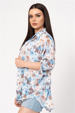 Çiçek Desenli Kol Katlamalı Gömlek 2854
