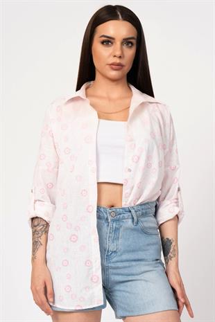 Çiçek Desenli Kol Katlamalı Gömlek 2857