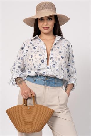 Çiçek Desenli Kol Katlamalı Gömlek 2857