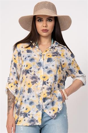 Çiçek Desenli Kol Katlamalı Gömlek 2854