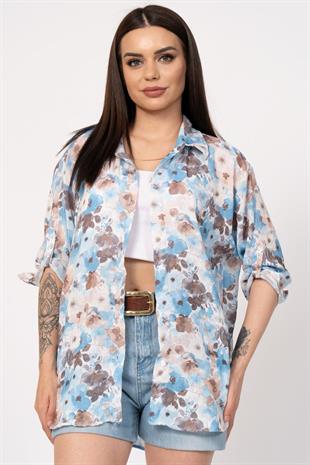 Çiçek Desenli Kol Katlamalı Gömlek 2854