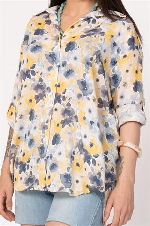 Çiçek Desenli Kol Katlamalı Gömlek 2854