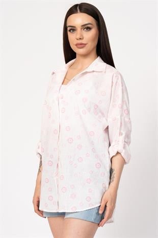 Çiçek Desenli Kol Katlamalı Gömlek 2857