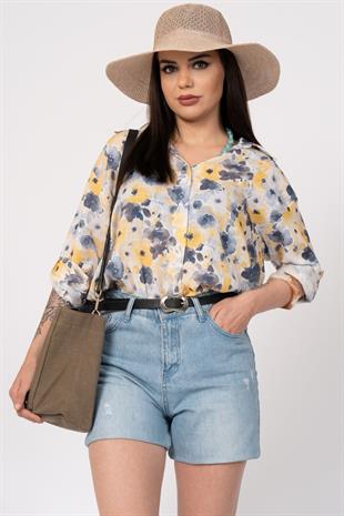 Çiçek Desenli Kol Katlamalı Gömlek 2854