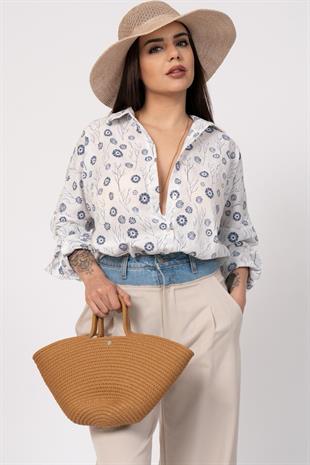Çiçek Desenli Kol Katlamalı Gömlek 2857