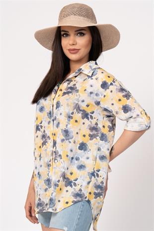 Çiçek Desenli Kol Katlamalı Gömlek 2854