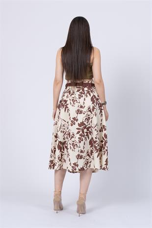 Çiçek Desenli Pilili Kuşaklı Etek 6735