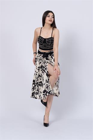 Çiçek Desenli Pilili Kuşaklı Etek 6735