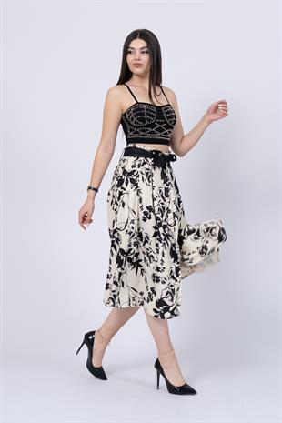 Çiçek Desenli Pilili Kuşaklı Etek 6735