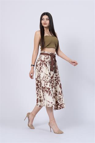 Çiçek Desenli Pilili Kuşaklı Etek 6735