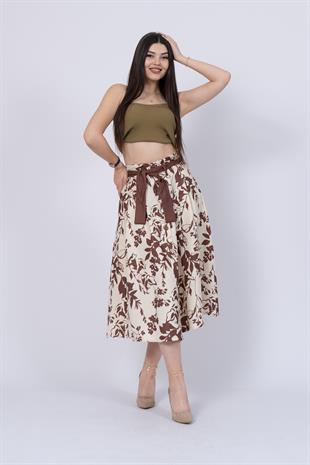 Çiçek Desenli Pilili Kuşaklı Etek 6735