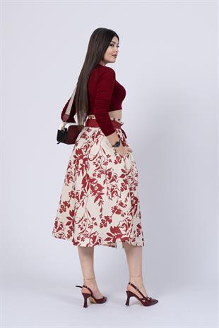 Çiçek Desenli Pilili Kuşaklı Etek 6735