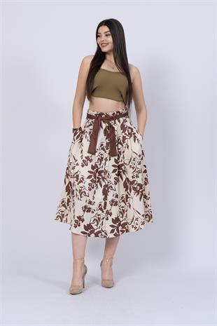 Çiçek Desenli Pilili Kuşaklı Etek 6735