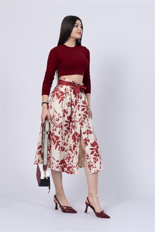 Çiçek Desenli Pilili Kuşaklı Etek 6735