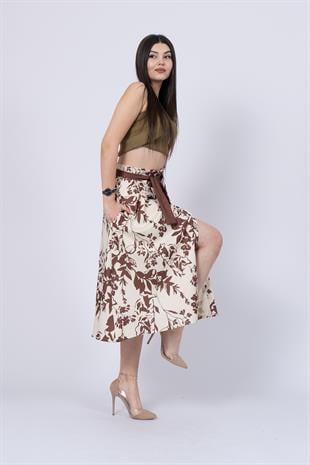 Çiçek Desenli Pilili Kuşaklı Etek 6735
