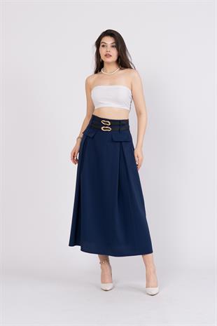 Çift Kemerli Üst Cep Detaylı Etek 6789