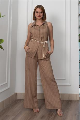 Çizgili Kolsuz Gömlek ve Bol Paça Pantolon 1253