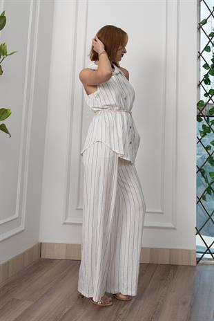 Çizgili Kolsuz Gömlek ve Bol Paça Pantolon 1253