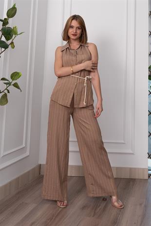 Çizgili Kolsuz Gömlek ve Bol Paça Pantolon 1253