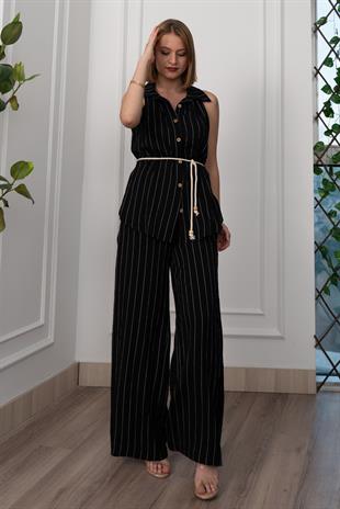 Çizgili Kolsuz Gömlek ve Bol Paça Pantolon 1253