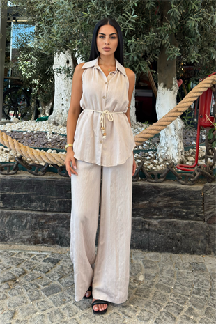 Çizgili Kolsuz Gömlek ve Bol Paça Pantolon 1253