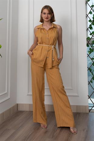 Çizgili Kolsuz Gömlek ve Bol Paça Pantolon 1253