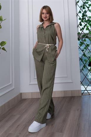 Çizgili Kolsuz Gömlek ve Bol Paça Pantolon 1253