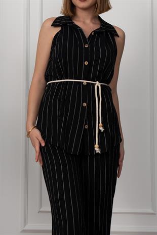 Çizgili Kolsuz Gömlek ve Bol Paça Pantolon 1253