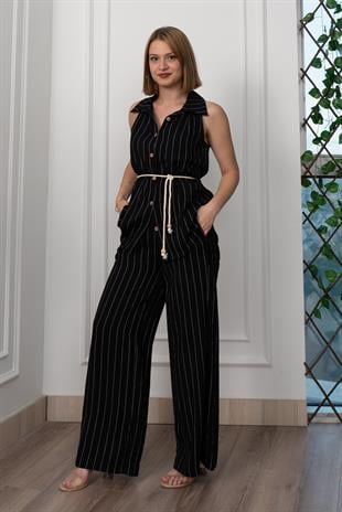 Çizgili Kolsuz Gömlek ve Bol Paça Pantolon 1253