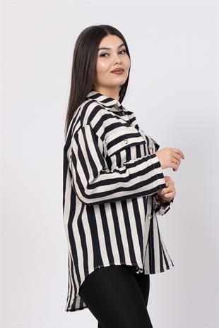 Çizgili Uzun Oversize Gömlek 70009