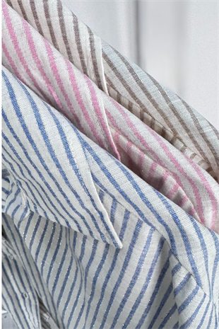 Çizgili Ve Simli Uzun Pamuk Viskon Gömlek 2730